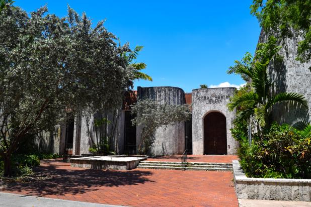 Coral Gables Branch Library entrance, blue sky sunny day