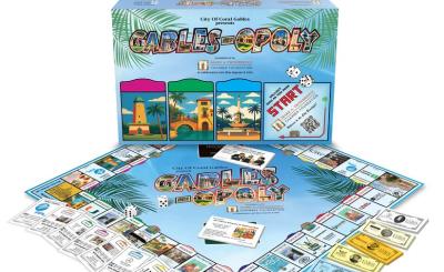 Box and game photo of Gables-Opoly, a Monopoly board game but Coral Gables version