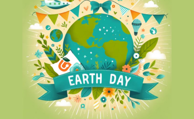Graphic of Earth Day with world and flowers and light in the background