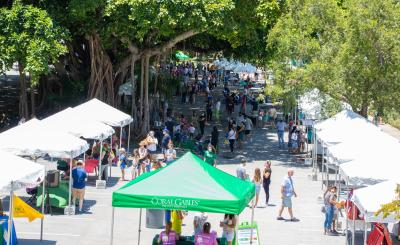 Drone shot of Gables Literacy Festival at the War Memorial Youth Center